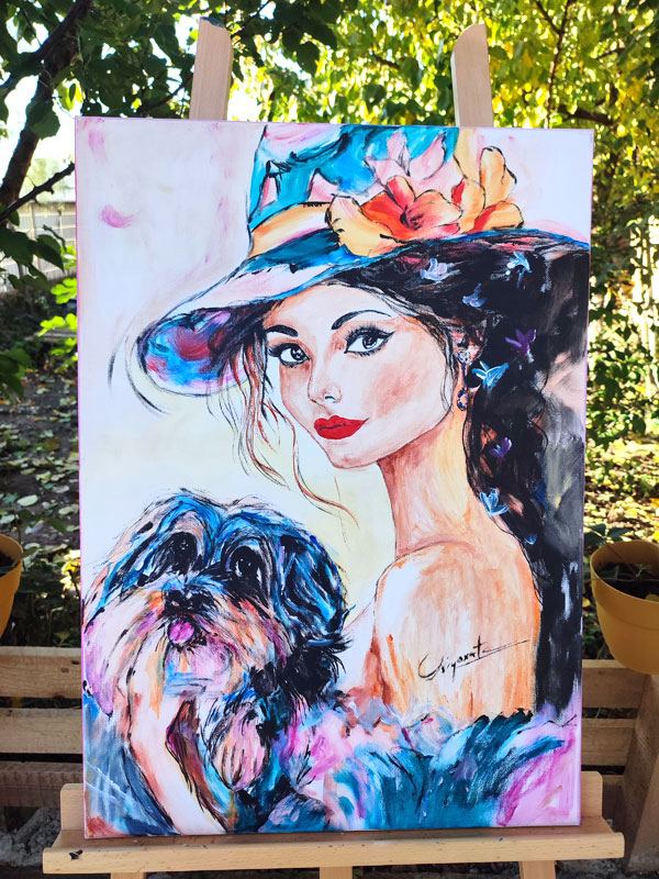 Portret pictat cu o femeie cu pălărie înflorată și un câine mic