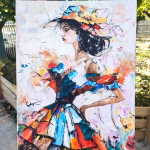 Tablou pictat manual cu o femeie cu pălărie și rochie multicoloră