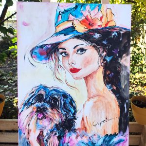 Portret pictat cu o femeie cu pălărie înflorată și un câine mic
